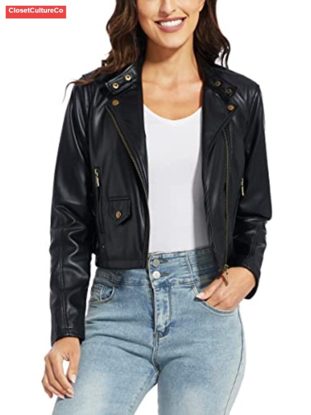 Faux Leather Motorcycle Jacket Long Sleeve Zip Moto Biker